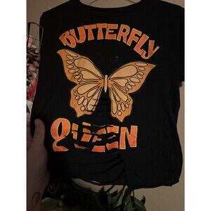 Women’s Lg Half Shirt Butterfly Queen Short Sleeve Top Black